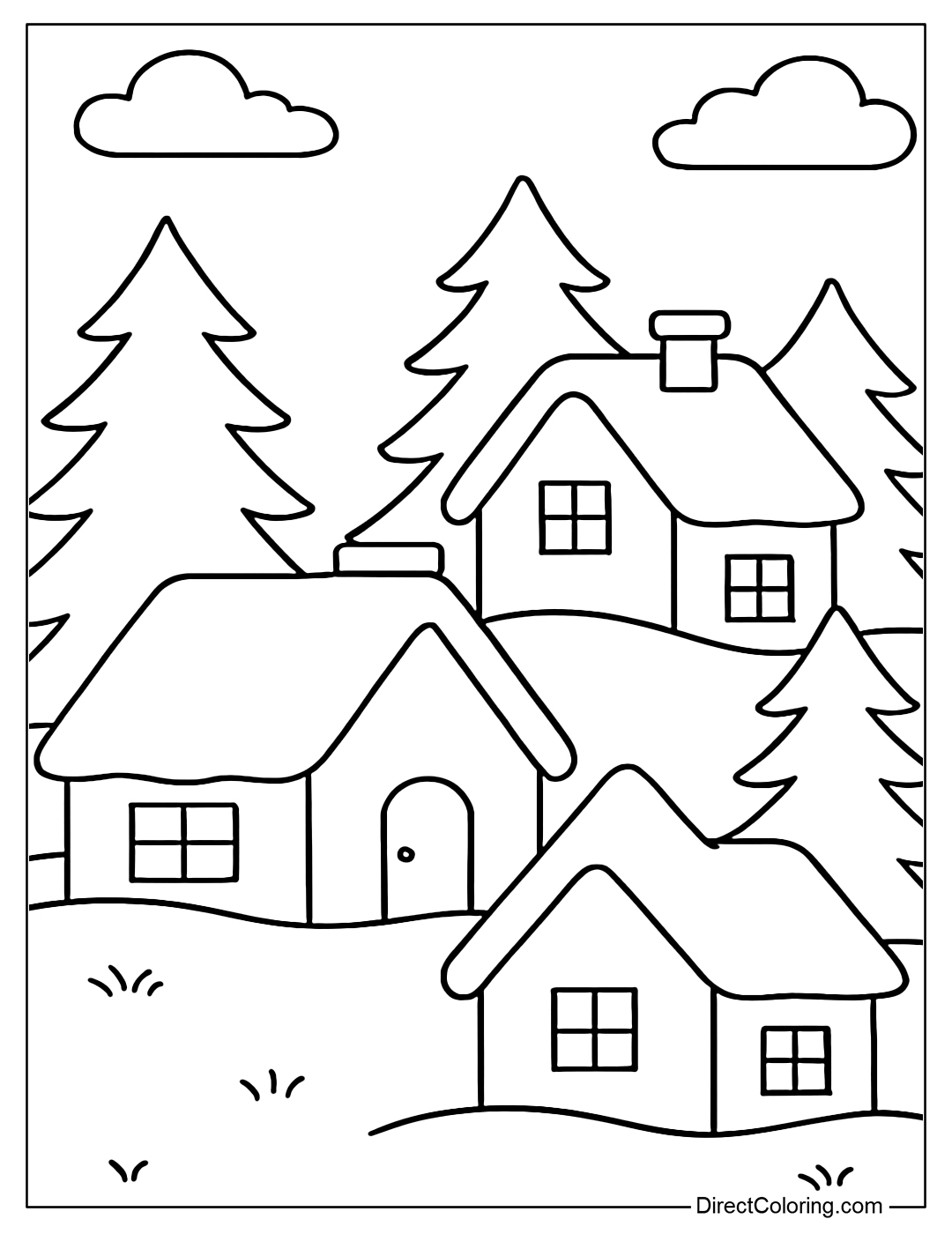 Coloring page of a small snowy village, with sloping roofs and pine trees around.